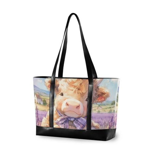 aidingzhi Schöne braune schottische Hochlandrinder mit Lavendel Essentials Damen 14 Zoll Laptoptasche mit Reißverschluss, große Tragetasche für Büro mit von aidingzhi