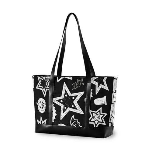 aidingzhi Schwarze und weiße Halloween-Stern-Kürbis-Fledermaus-trendige Damen-Arbeitstasche mit Reißverschluss, Lehrer-Tragetasche für Frauen, Arbeit mit Windeln von aidingzhi