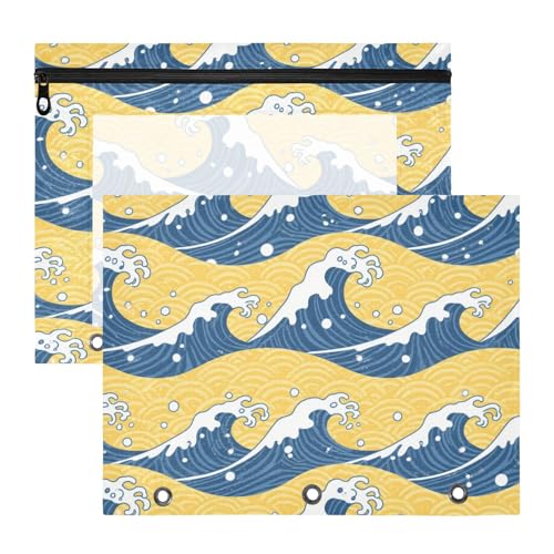 aidingzhi Stiftebox mit Reißverschluss, 3 Löcher, für A4-Papier, Briefe, 2 Stück, für Schüler, Schulanfang, Blau und Gold, japanische Wellen aidingzhi Stiftebox mit Reißverschluss, 3 Löcher, für A4-Papier, Briefe, 2 Stück, für Schüler, Schulanfang, Blau und Gold, japanische Wellen von aidingzhi