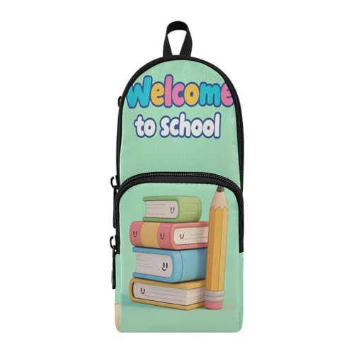 aidingzhi Stifteetui mit Aufschrift "Welcome To School", Nylon, 3 Fächer, großes Fassungsvermögen, Federmäppchen für Schule, Schreibwaren, Organizer für Grundschule, Grün von aidingzhi
