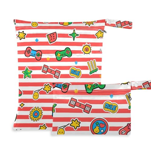 aidingzhi Tasche mit Reißverschluss für nasse Nässe, 2 Stück, für Badeanzug, mit Griffen für Kita, Kindertagesstätte (rot/weißes Vintage-Spiel) von aidingzhi