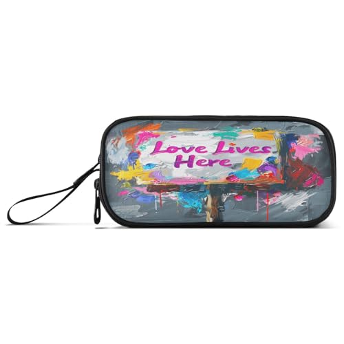 aidingzhi Text Love Lives Here Nylon-Federmäppchen, große Kapazität, großes Federmäppchen, Schreibwaren-Tasche für Studenten von aidingzhi