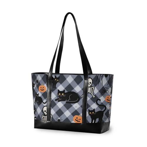 aidingzhi Trendige Damen-Tragetasche mit Reißverschluss, Motiv: Kürbis, Katze, Totenkopf, für Reisen, Pool, Schwimmen, Strand, Urlaub, mit schwarzem Karomuster aidingzhi Trendige Damen-Tragetasche mit Reißverschluss, Motiv: Kürbis, Katze, Totenkopf, für Reisen, Pool, Schwimmen, Strand, Urlaub, mit schwarzem Karomuster von aidingzhi