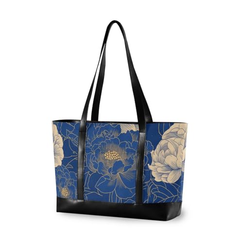 aidingzhi Trendige Tragetasche mit Fächern mit Reißverschluss, große Tragetasche für Damen, Marineblau / goldfarben von aidingzhi
