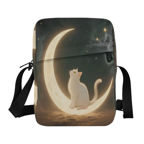 aidingzhi Umhängetasche im Retro-Stil, einfache Mondkatze, Umhängetasche, Schultertasche, Handtasche, verstellbarer Riemen, für Schule, Schule von aidingzhi