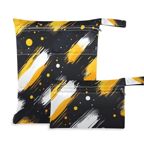 aidingzhi Wäschesack mit Reißverschluss, 2 Stück, Nassbeutel für Badeanzug mit Griffen für Yoga, Baby-Windeln (Anstract Art Brushes schwarz gelbe Punkte) von aidingzhi
