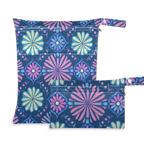 aidingzhi Waschbare Windeltasche, 2 Stück, Wickeltasche, unverzichtbare Gegenstände mit Griffen für Fitnessstudio, Babywindeln (Daisy Floral Boho Pattern Blue Purple) von aidingzhi