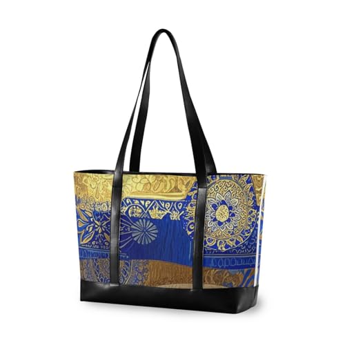 aidingzhi Wasserdichte Arbeitstasche mit Laptopfach mit Reißverschluss, Arbeitstasche für Herren, mit blau-goldfarbenem Muster von aidingzhi