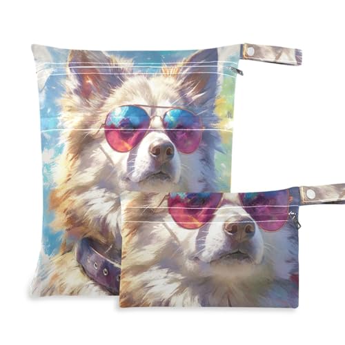 aidingzhi Wasserdichte Kleidertasche, 2 Stück, Wickeltasche, unverzichtbare Gegenstände mit Griffen für Reisen, Reisen (weißer Husky-Hund mit Sonnenbrille) von aidingzhi