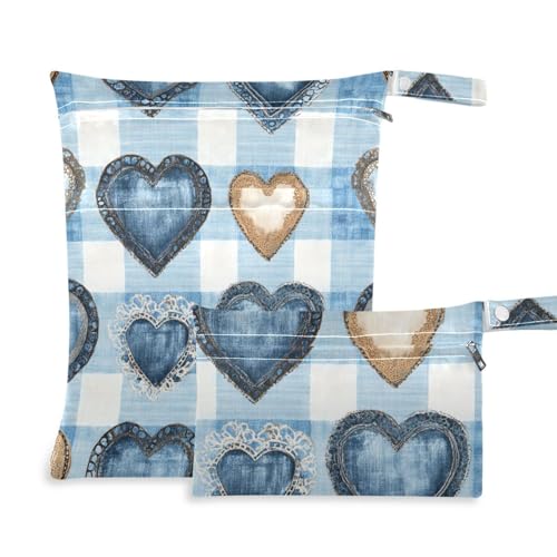 aidingzhi Wasserdichte Trockentaschen, 2 Stück, Reiseutensilien für Babys, mit Griffen für Yoga, Kindertagesstätte (blaue Herzen, blaues Gingham-Muster, Denim, braune Spitze) von aidingzhi