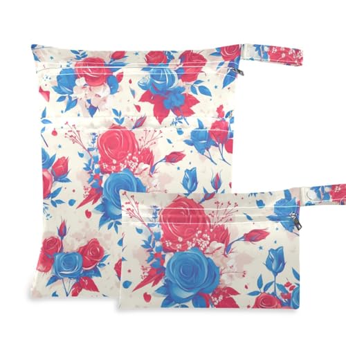aidingzhi Wasserdichte kleine Trockentaschen, 2er-Pack, Wickeltasche, unverzichtbare Gegenstände mit Griffen für Strand, Kindertagesstätte (4. Juli Unabhängigkeitstag, rote und blaue Rosen) von aidingzhi