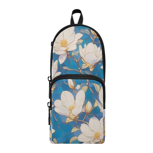 aidingzhi Weiße Magnolien-Blumen, Nylon, 3 Fächer, großes Federmäppchen, Mehrzweck- und ästhetisches Federmäppchen, Schule, Schreibwaren für die Uni von aidingzhi