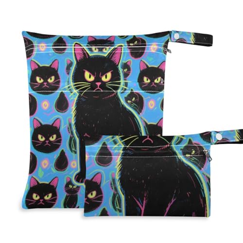 aidingzhi Wiederverwendbare Nasstasche, 2 Stück, Wickeltasche, unverzichtbare Gegenstände mit Griffen für Strand, Yoga (Cartoon-süße wütende schwarze Katze) von aidingzhi
