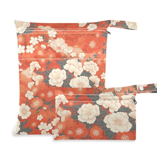 aidingzhi Wiederverwendbare Tasche für Fitnessstudio, 2 Stück, Wickeltasche, unverzichtbare Gegenstände mit Griffen für Yoga, Fitnessstudio (japanischer Stil, orangefarbene Blumen) von aidingzhi