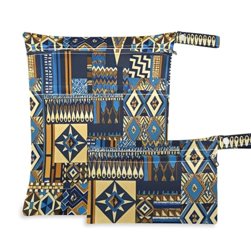 aidingzhi Wiederverwendbare Tasche für Windeln, 2 Stück, Reiseutensilien für Babys, mit Griffen für Yoga, Kindertagesstätte (Boho-Gold/Blau/Vintage-Textur) von aidingzhi