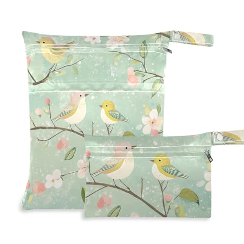 aidingzhi Wiederverwendbare Trockentasche, wasserdicht, 2 Stück, Wickeltasche, unverzichtbare Gegenstände mit Griffen für Strand, Yoga (Frühlingsbirnenblüten-Vögel, grün) von aidingzhi