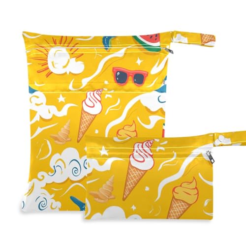 aidingzhi Wiederverwendbare Turnbeutel, 2 Stück, Reiseutensilien zum Fliegen, mit Griffen, für Fitnessstudio, Kindertagesstätte (Sommergelbes Eiscreme) von aidingzhi