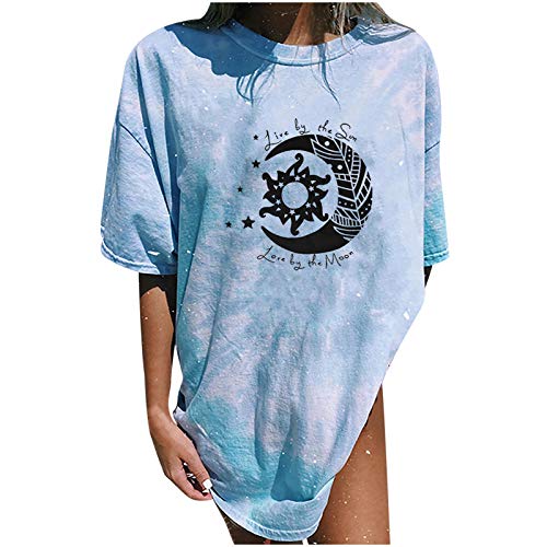 aijofi Tshirt Damen Kurzarm Sommer Oberteile Oversize Vintage Tie-dye Sonne und Mond Grafik Drucken lose Bluse Rundhals Basic Shirt Elegant Pullover Sweatshirt Teenager Mädchen Top von aijofi