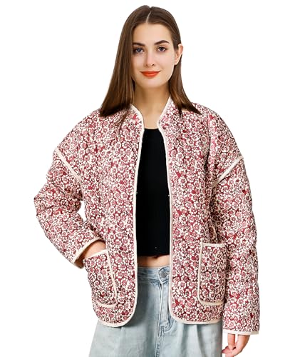 aingycy Gesteppte Pufferjacke für Damen, Blumenmuster, leicht, warm, gepolstert, gesteppt, Oberbekleidung mit Taschen, Violett, XS-S von aingycy
