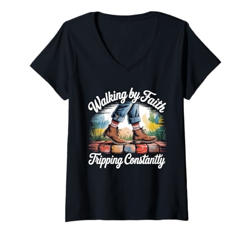 Damen Walking by Faith Tripping Ständig Lustiger Christ T-Shirt mit V-Ausschnitt von aith & Humor Apparel