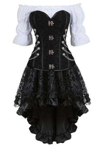 Jutrisujo Korsett Damen Kleid Steampunk Corsagenkleid Leder Corsage Kostüm Reißverschluss asymmetrischer Spitzenrock und Bluse für Halloween Schwarz 2XL von Jutrisujo