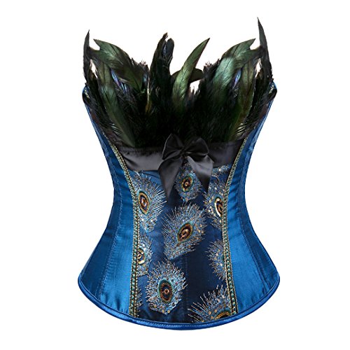 Jutrisujo Corsage Korsett Vollbrust Feder bustier Damen Dessous Stickerei Kostüme Pfau Pattern Burlesque Blau 6XL von Jutrisujo