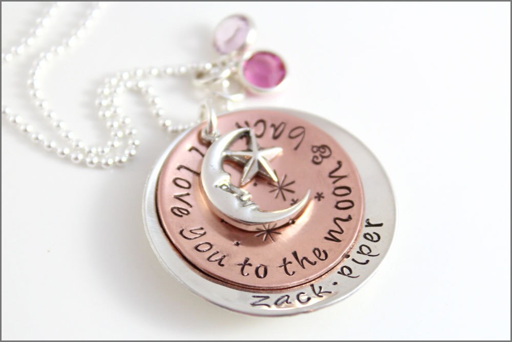 I Love You To The Moon & Back Halskette Sterling Silber, Charm, Geburtsstein von akaoriginals