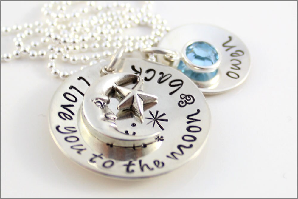 Personalisierte Sterling Silber Mond & Zurück Halskette Benutzerdefinierter Name, Geburtsstein von akaoriginals
