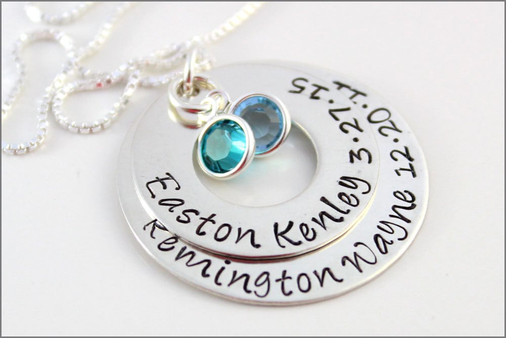 Personalisierte Sterling Silber Washer Kette Name & Geburtsdatum, Geburtsstein Schmuck von akaoriginals