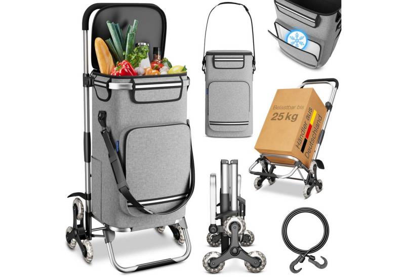 ELONEO Einkaufstrolley Treppensteiger, mit separater Kühltasche, klappbar, 43 l, 3+3 Rad-System, abnehmbare Tasche mit Schultergurt, extrem leicht von ELONEO
