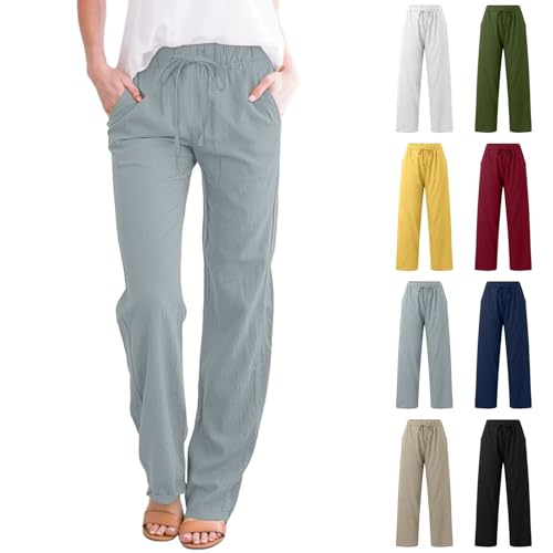 Hose mit geradem Bein für Damen, Stretch, elastische Taille, Baumwoll-Leinenhose, hohe Taille, Kordelzug, Hose mit Taschen, lockere lange Hose, einfarbig, volle Länge, Freizeithose, dunkelgrau, 5XL Hose mit geradem Bein für Damen, Stretch, elastische Taille, Baumwoll-Leinenhose, hohe Taille, Kordelzug, Hose mit Taschen, lockere lange Hose, einfarbig, volle Länge, Freizeithose, dunkelgrau, 5XL von akwuiopt