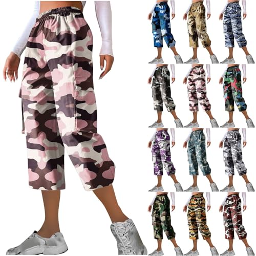 akwuiopt Camouflage-Hose für Damen, Cargohose, 3/4-Länge, Caprihose, weites Bein, elastische Taille, bequeme Sommerhose mit mehreren Taschen, violett, M akwuiopt Camouflage-Hose für Damen, Cargohose, 3/4-Länge, Caprihose, weites Bein, elastische Taille, bequeme Sommerhose mit mehreren Taschen, violett, M von akwuiopt