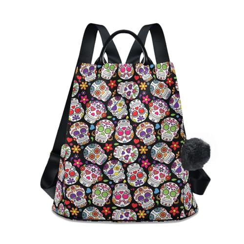 ALAZA Damen-Rucksack, Diebstahlschutz, Reisen, Handtaschen, Schultertasche, Gothic, Totenkopf, Blumen, Damen-Rucksack, modisch, lässig, Tagesrucksack, Haarball-Anhänger, Skulls 033, One size von alaza