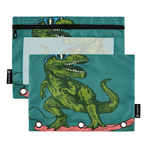 ALAZA Dinosaurier Surf Federmäppchen für 3 Ringbuch-Bleistift-Taschen Federmäppchen mit transparentem Fenster Reißverschluss Kosmetiktaschen für Büro College Supplies 2 Stück von alaza