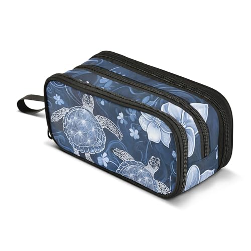 ALAZA Großes Federmäppchen, großes Fassungsvermögen, Federmäppchen, Stifteetui, 3 Fächer, Schildkröte, Blume, Schule, Bürobedarf, Schreibwaren, Make-up-Tasche, Aufbewahrungs-Organizer für Studenten von alaza