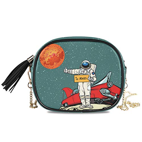 ALAZA Kleine Umhängetasche aus PU-Leder im Pop-Art-Design, Retro-Astronauten-Design, Cartoon-Handy-Taschen mit verstellbarem Kettenriemen und mehreren Taschen von alaza