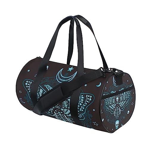 ALAZA Turnbeutel Reisetasche Damen Herren für Reisen Sport Camping Yoga Schwimmen Schwarz Totenkopf Motte Kleine Runde Faltbare Reisetasche mit Schultergurt Top Griff, Totenköpfe 214, Einheitsgröße von alaza