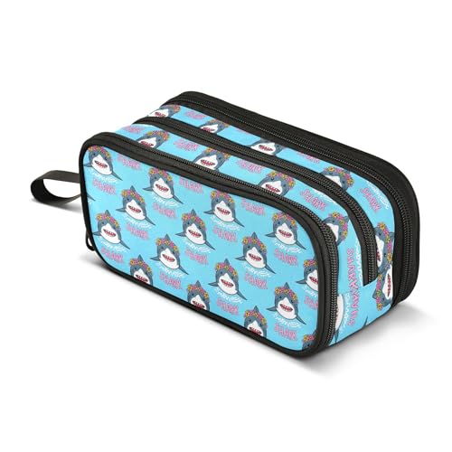 Großes Federmäppchen, großes Fassungsvermögen, Federmäppchen, Stifteetui, 3 Fächer, Hai mit Blumenkranz, Schule, Bürobedarf, Schreibwaren, Make-up-Tasche, Aufbewahrungs-Organizer für Studenten von alaza