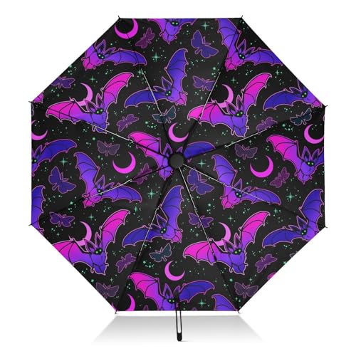 Regenschirme für Regen Sonne Outdoor, Automatischer Faltschirm Winddicht Stark, Großer Anti-UV Kompakter Regenschirm Schwarz Außen Gothic Lila Fledermaus Gothic Reise Regenschirme für Damen Herren, von alaza