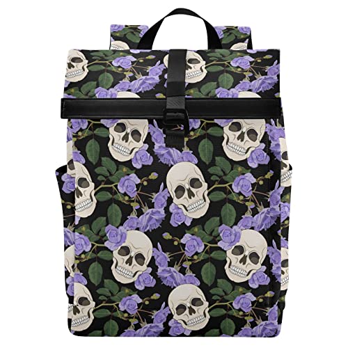 Roll-Top-Reiserucksack für Damen und Herren, leicht, wasserdicht, Teenager, College, Laptop-Rucksack, Halloween, leuchtende Fledermäuse, Handgepäck, lässiger Tagesrucksack, Anti-Diebstahl-Rucksack für Schule, Business, Arbeit, Totenköpfe 178 von alaza