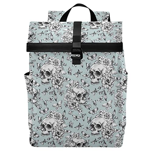 Roll-Top-Reiserucksack für Damen und Herren, leicht, wasserdicht, Teenager, College, Laptop-Rucksack, Halloween, leuchtende Fledermäuse, Handgepäck, lässiger Tagesrucksack, Anti-Diebstahl-Rucksack für Schule, Business, Arbeit, Totenköpfe 191 von alaza