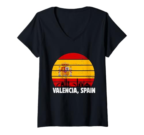 Damen Valencia Skyline Spanien Flagge Souvenirs Valencia España T-Shirt mit V-Ausschnitt Damen Valencia Skyline Spanien Flagge Souvenirs Valencia España T-Shirt mit V-Ausschnitt von alencia Spain souvenirs Flag