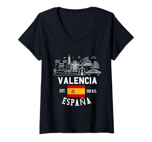 Damen Valencia Skyline Spanien Flagge Souvenirs Valencia España T-Shirt mit V-Ausschnitt Damen Valencia Skyline Spanien Flagge Souvenirs Valencia España T-Shirt mit V-Ausschnitt von alencia Spain souvenirs Flag