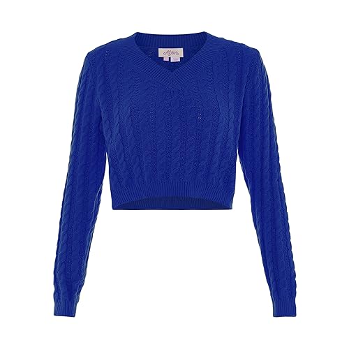 Aleva Damen Kurzer Pullover mit V-Ausschnitt und Twist-Strick Königsblau Größe M/L von aleva