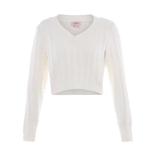 Aleva Damen Kurzer Pullover mit V-Ausschnitt und Twist-Strick Wollweiss Größe XL/XXL von aleva