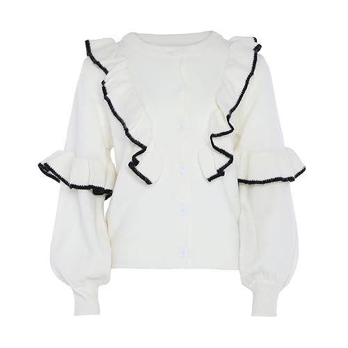 Aleva Women's Damen Französischer Lazy Cardigan mit Rüschenbesatz Wollweiss Größe XL/XXL Pullover Sweater von aleva