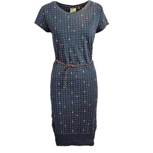 Alife and Kickin Kleid Strandkleid Sommerkleid CocoAK Damenkleid, Marine-Blau mit Anker-Muster, Kurze Ärmel, Geflochtener Gürtel Gr. S von alife & kickin