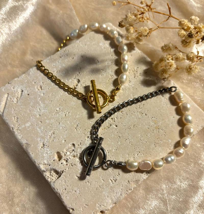 Armband , , Hira'' Süßwasserperlen, Gliederkette, Silber/Gold, Edelstahl, Knebelverschluss Armband , , Hira'' Süßwasserperlen, Gliederkette, Silber/Gold, Edelstahl, Knebelverschluss von alinacharmshop