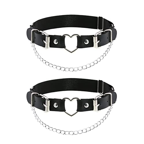 alisikee 2 Stück Leder Bein Strumpfband mit Ketten, elastisches Rock Heart Oberschenkel Strumpfband für Frauen, Schwarz, Einstellbar von alisikee