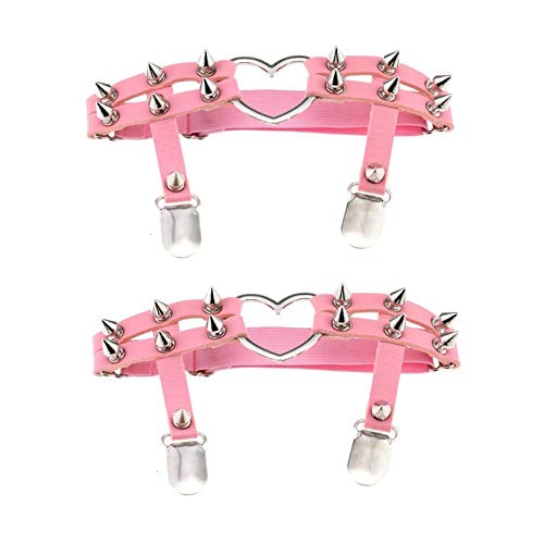 alisikee 2 Stück verstellbares Herz-Bein-Strumpfband mit Anti-Rutsch-Clips, elastisches Nietenstrumpfband für Halloween-Partys, Cosplay, Pink, Einheitsgröße von alisikee